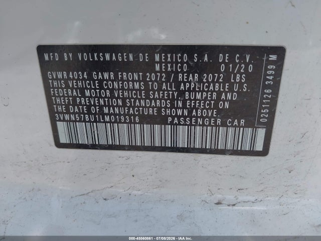 Продаж на аукціоні авто 2020 Volkswagen Jetta 1.4t R-line/1.4t S, vin: 3VWN57BU1LM019316, номер лоту: 45560861