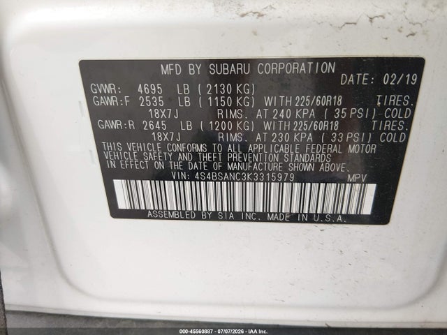 Subaru Outback 2.5i Limited 2019 4S4BSANC3K3315979 Image 9