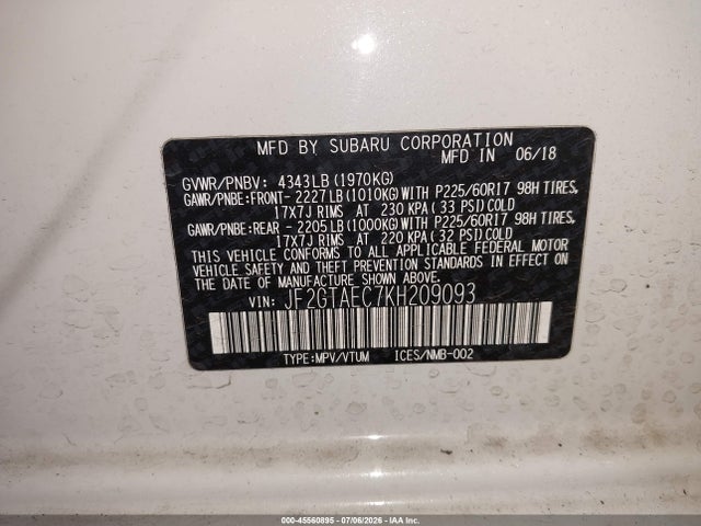 Aukcja sprzedaży 2019 Subaru Crosstrek 2.0i Premium, vin: JF2GTAEC7KH209093, numer aukcji: 45560895