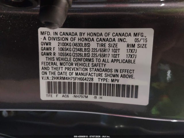 Honda Cr-v Ex-l 2015 2HKRM4H75FH664228 Image 9
