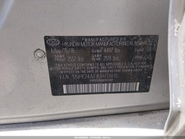 45560953 :رقم المزاد ، 5NPE24AF8JH713615 vin ، 2018 Hyundai Sonata Se مزاد بيع