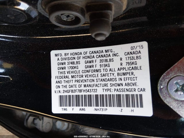 2015 Honda Civic Se მანქანა იყიდება აუქციონზე, vin: 2HGFB2F78FH543722, აუქციონის ნომერი: 45560982