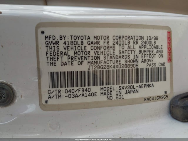 1999 Toyota Camry Le მანქანა იყიდება აუქციონზე, vin: JT2BG28K4X0288906, აუქციონის ნომერი: 45560988