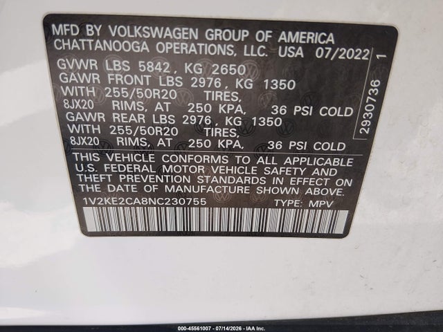 2022 Volkswagen Atlas Cross Sport 3.6l V6 Se W/technology მანქანა იყიდება აუქციონზე, vin: 1V2KE2CA8NC230755, აუქციონის ნომერი: 45561007