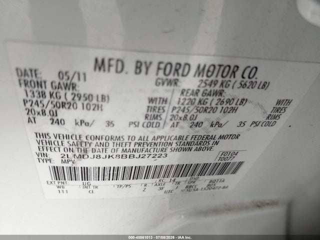 45561013 :رقم المزاد ، 2LMDJ8JK8BBJ27223 vin ، 2011 Lincoln Mkx مزاد بيع
