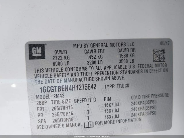 1GCGTBEN4H1275642 Chevrolet Colorado 4wd Wt