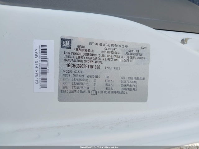 Продаж на аукціоні авто 2009 Chevrolet Express 3500 Work Van, vin: 1GCHG39C891151026, номер лоту: 45561027