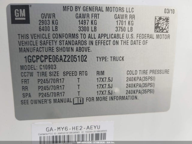 45561036 :رقم المزاد ، 1GCPCPE06AZ205102 vin ، 2010 Chevrolet Silverado 1500 Work Truck مزاد بيع