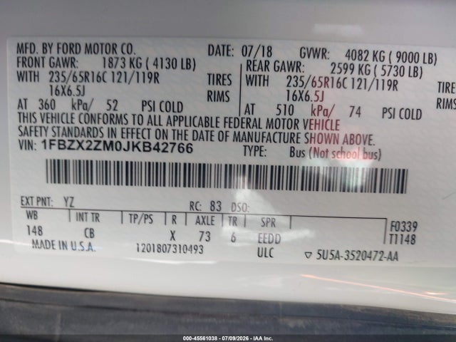 1FBZX2ZM0JKB42766 Ford Transit-350 Xl/xlt