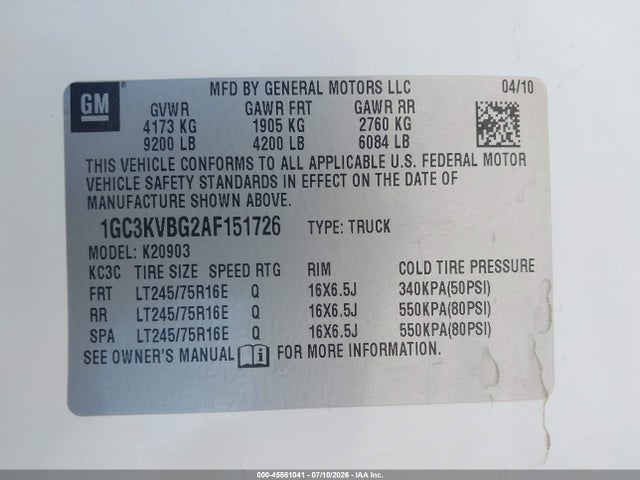 2010 Chevrolet Silverado 2500hd Work Truck მანქანა იყიდება აუქციონზე, vin: 1GC3KVBG2AF151726, აუქციონის ნომერი: 45561041