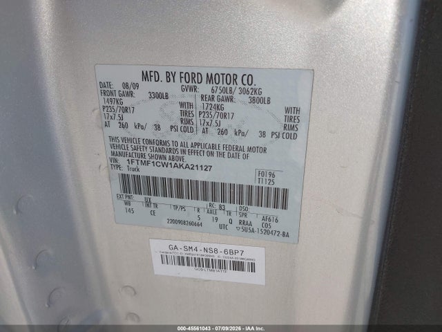 2010 Ford F-150 მანქანა იყიდება აუქციონზე, vin: 1FTMF1CW1AKA21127, აუქციონის ნომერი: 45561043