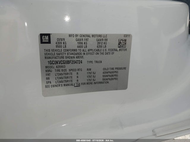 2011 Chevrolet Silverado 2500hd Work Truck მანქანა იყიდება აუქციონზე, vin: 1GC0KVCG8BF204724, აუქციონის ნომერი: 45561045