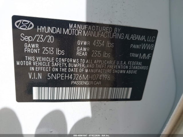 45561047 :رقم المزاد ، 5NPEH4J26MH074196 vin ، 2021 Hyundai Sonata Limited مزاد بيع