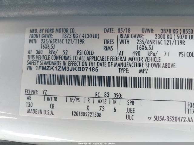 1FMZK1ZM3JKB07185 Ford Transit-150 Xl/xlt