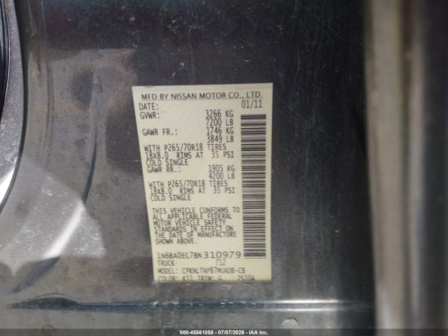 2011 Nissan Titan Sv მანქანა იყიდება აუქციონზე, vin: 1N6BA0EC7BN310979, აუქციონის ნომერი: 45561058