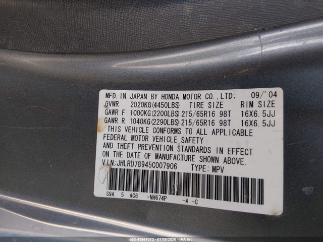 Продаж на аукціоні авто 2005 Honda Cr-v Se, vin: JHLRD78945C007906, номер лоту: 45561073