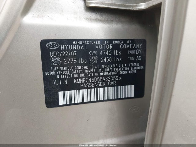 45561079 :رقم المزاد ، KMHFC46D58A320595 vin ، 2008 Hyundai Azera Gls مزاد بيع