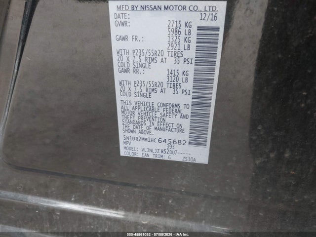45561092 :رقم المزاد ، 5N1DR2MM1HC645682 vin ، 2017 Nissan Pathfinder Platinum مزاد بيع