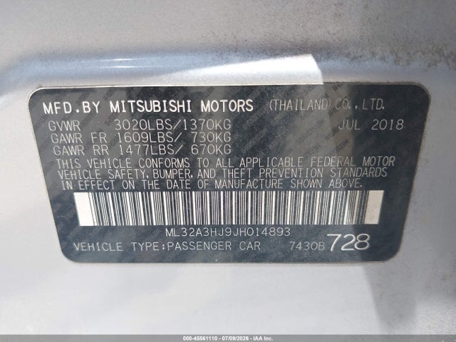 Продаж на аукціоні авто 2018 Mitsubishi Mirage Es, vin: ML32A3HJ9JH014893, номер лоту: 45561110