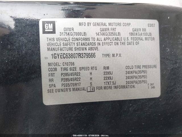 Продажа на аукционе авто 2007 Cadillac Escalade, vin: 1GYEC63807R379566, номер лота: 45561119
