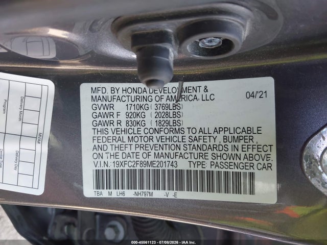 45561123 :رقم المزاد ، 19XFC2F89ME201743 vin ، 2021 Honda Civic Sport مزاد بيع