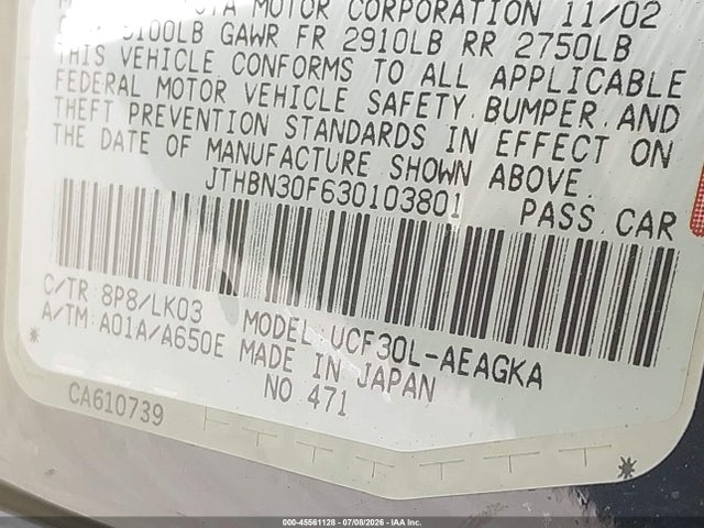 Продаж на аукціоні авто 2003 Lexus Ls 430, vin: JTHBN30F630103801, номер лоту: 45561128