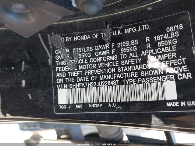 Продаж на аукціоні авто 2018 Honda Civic Lx, vin: SHHFK7H22JU228487, номер лоту: 45561130
