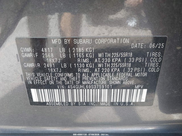 Aukcja sprzedaży 2025 Subaru Crosstrek Limited, vin: 4S4GUHL69S3759101, numer aukcji: 45561135
