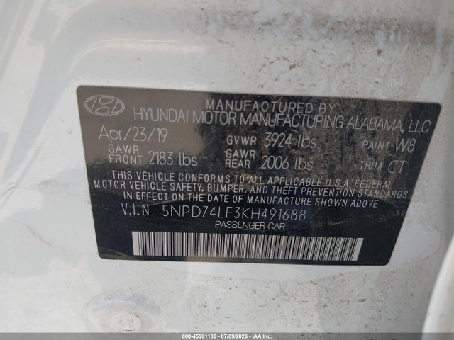 Aukcja sprzedaży 2019 Hyundai Elantra Se, vin: 5NPD74LF3KH491688, numer aukcji: 45561136