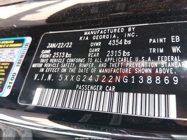 Aukcja sprzedaży 2022 Kia K5 Lx, vin: 5XXG24J22NG138869, numer aukcji: 45561161