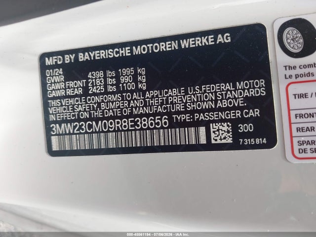 45561194 :رقم المزاد ، 3MW23CM09R8E38656 vin ، 2024 Bmw 230i مزاد بيع