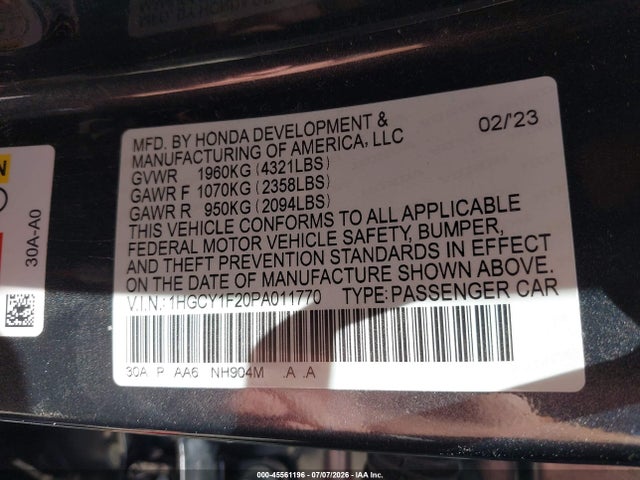 45561196 :رقم المزاد ، 1HGCY1F20PA011770 vin ، 2023 Honda Accord Lx مزاد بيع