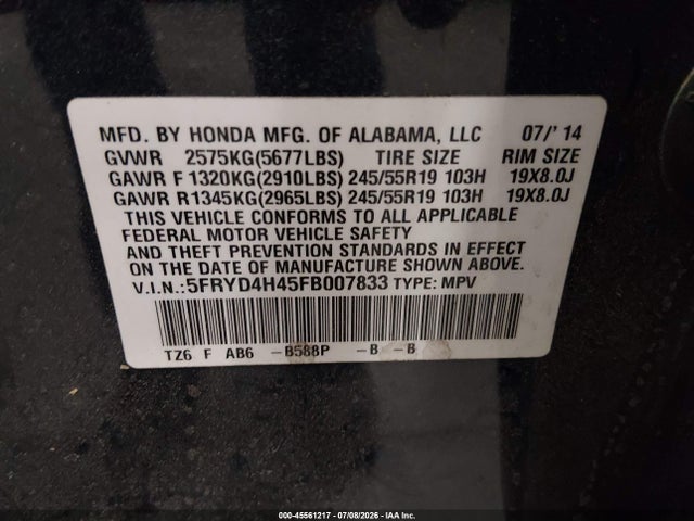 Aukcja sprzedaży 2015 Acura Mdx Technology Package, vin: 5FRYD4H45FB007833, numer aukcji: 45561217