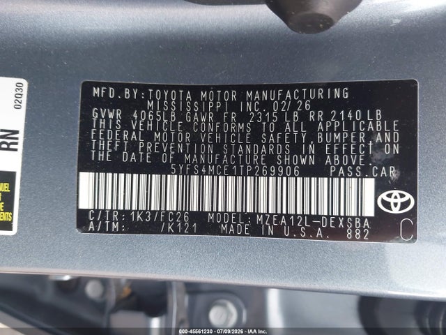 2026 Toyota Corolla Se მანქანა იყიდება აუქციონზე, vin: 5YFS4MCE1TP269906, აუქციონის ნომერი: 45561230