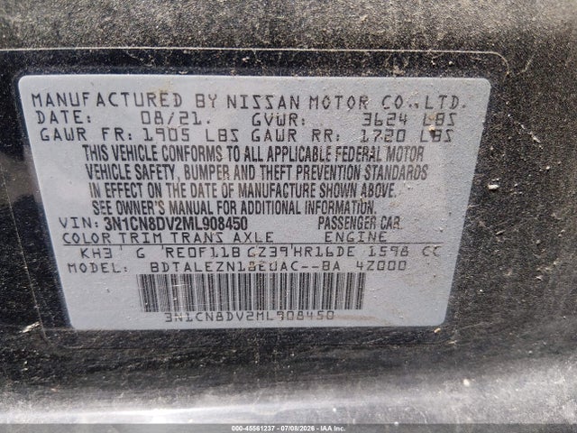 2021 Nissan Versa S Xtronic Cvt მანქანა იყიდება აუქციონზე, vin: 3N1CN8DV2ML908450, აუქციონის ნომერი: 45561237