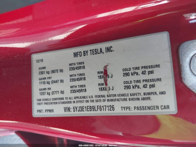 Продаж на аукціоні авто 2020 Tesla Model 3 Long Range Dual Motor All-wheel Drive, vin: 5YJ3E1EB9LF617126, номер лоту: 45561262