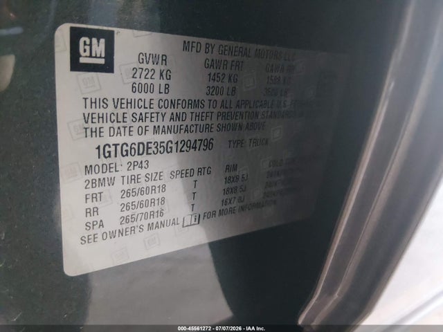 Aukcja sprzedaży 2016 Gmc Canyon 4wd Slt, vin: 1GTG6DE35G1294796, numer aukcji: 45561272
