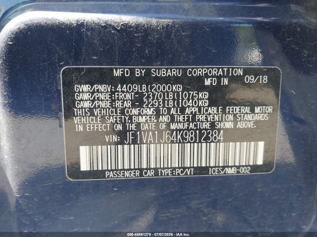 Aukcja sprzedaży 2019 Subaru Wrx Limited, vin: JF1VA1J64K9812384, numer aukcji: 45561278