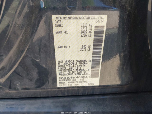 1N4AL3AP6EC409043 Nissan Altima 2.5/2.5 S/2.5 Sl/2.5 Sv