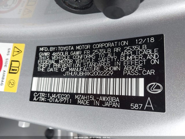 2019 Lexus Ux 250h მანქანა იყიდება აუქციონზე, vin: JTHU9JBHXK2002229, აუქციონის ნომერი: 45561296