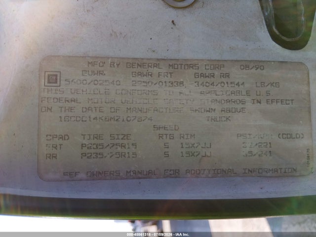 Продажа на аукционе авто 1991 Chevrolet Gmt-400 C1500, vin: 1GCDC14K8MZ107874, номер лота: 45561318