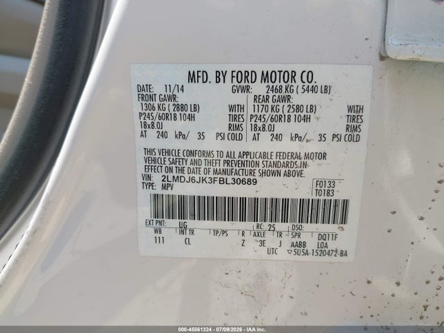 Aukcja sprzedaży 2015 Lincoln Mkx, vin: 2LMDJ6JK3FBL30689, numer aukcji: 45561324