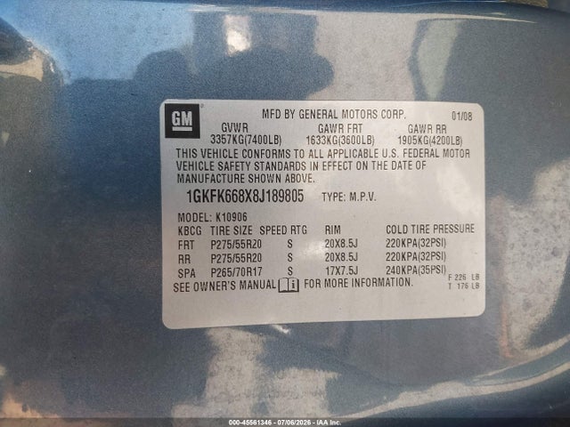 2008 Gmc Yukon Xl 1500 Denali მანქანა იყიდება აუქციონზე, vin: 1GKFK668X8J189805, აუქციონის ნომერი: 45561346