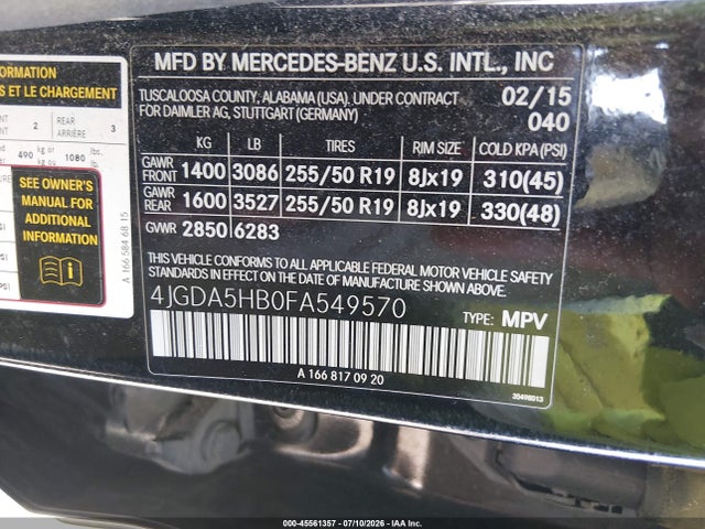 2015 Mercedes-benz Ml 350 4matic მანქანა იყიდება აუქციონზე, vin: 4JGDA5HB0FA549570, აუქციონის ნომერი: 45561357