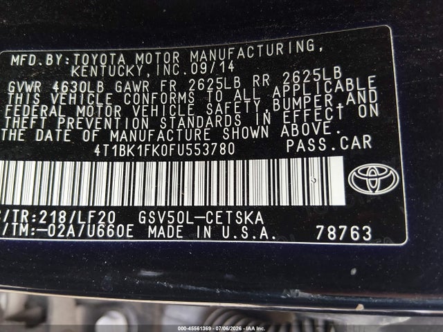 Aukcja sprzedaży 2015 Toyota Camry Xse V6, vin: 4T1BK1FK0FU553780, numer aukcji: 45561369