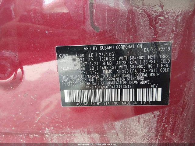 Продажа на аукционе авто 2020 Subaru Ascent Touring, vin: 4S4WMARD4L3443549, номер лота: 45561370