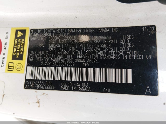 45561400 :رقم المزاد ، 2T2ZK1BA9CC072382 vin ، 2012 Lexus Rx 350 مزاد بيع