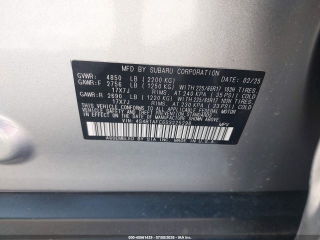 Продажа на аукционе авто 2025 Subaru Outback Premium, vin: 4S4BTAFC6S3225298, номер лота: 45561429