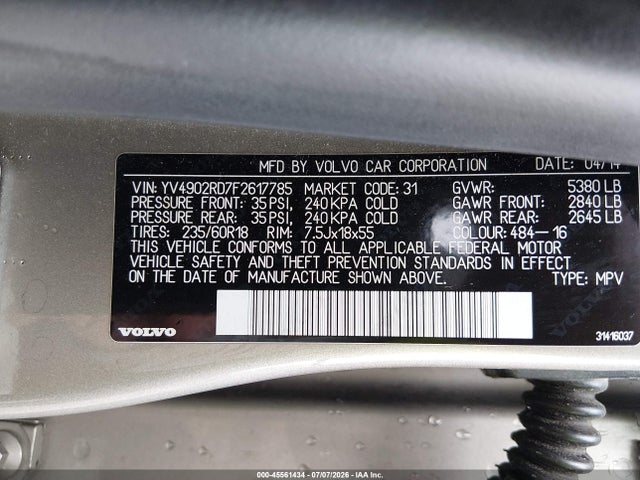 Aukcja sprzedaży 2015 Volvo Xc60 T6 Platinum, vin: YV4902RD7F2617785, numer aukcji: 45561434