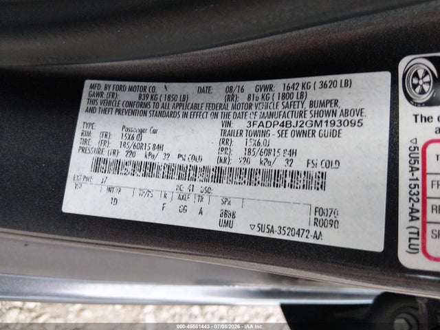 Aukcja sprzedaży 2016 Ford Fiesta Se, vin: 3FADP4BJ2GM193095, numer aukcji: 45561443